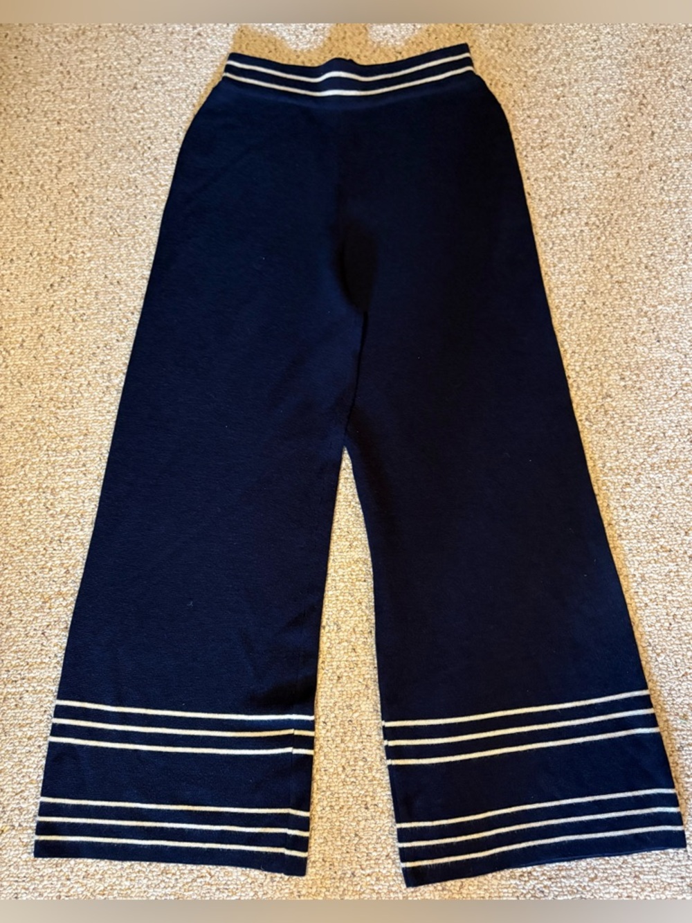 all:row Navy Wide-Leg Soft Stretch Knit Pants w White Stripes at Waist & Hem (L)